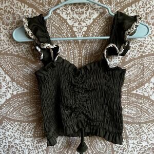 Misa Los Angeles Olive Green Smocked Satin Tank with Braid Design on Ruffle
